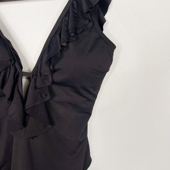 Michael Kors Womens 10 Black Ruffle Deep V Neck One Piece Swim Suit Tie Back - Picture 5 of 10